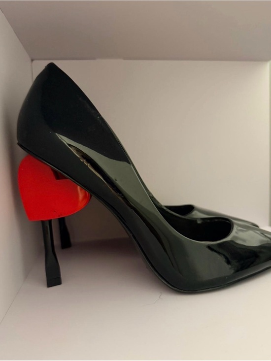 Aldo Shoes - Aldo Black Patent Pointed Pumps with Red Heart Heel Accent